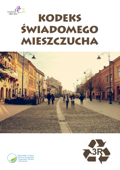 Kodeks świadomego mieszczucha, to publikacja której celem jest przybliżenie zagadnień z zakresu ochrony środowiska, w kontekście codziennych zachowań, zwyczajów i przekonań, oraz uzmysłowienie ogromnego wpływu, jaki ma każdy z nas na losy Ziemi. Przedstawia porady, fakty i ciekawostki przekonają Czytelników o wadze podejmowanych codziennie indywidualnych decyzji konsumenckich, których efekty mogą być zaskakujące, a niejednokrotnie zatrważające. Spis treści: Słowniczek pojęć, Dlaczego recykling jest ważny? Prawne aspekty gospodarowania odpadami, w tym odpadami opakowaniowymi; Jak i dlaczego segregować odpady? Kłopotliwe odpady, czyli gdzie co wyrzucić Odpady niebezpieczne Elektroodpady – oswajamy zasady i fakty Świadomy mieszczuch na zakupach Fakty i ciekawostki dla nieprzekonanych